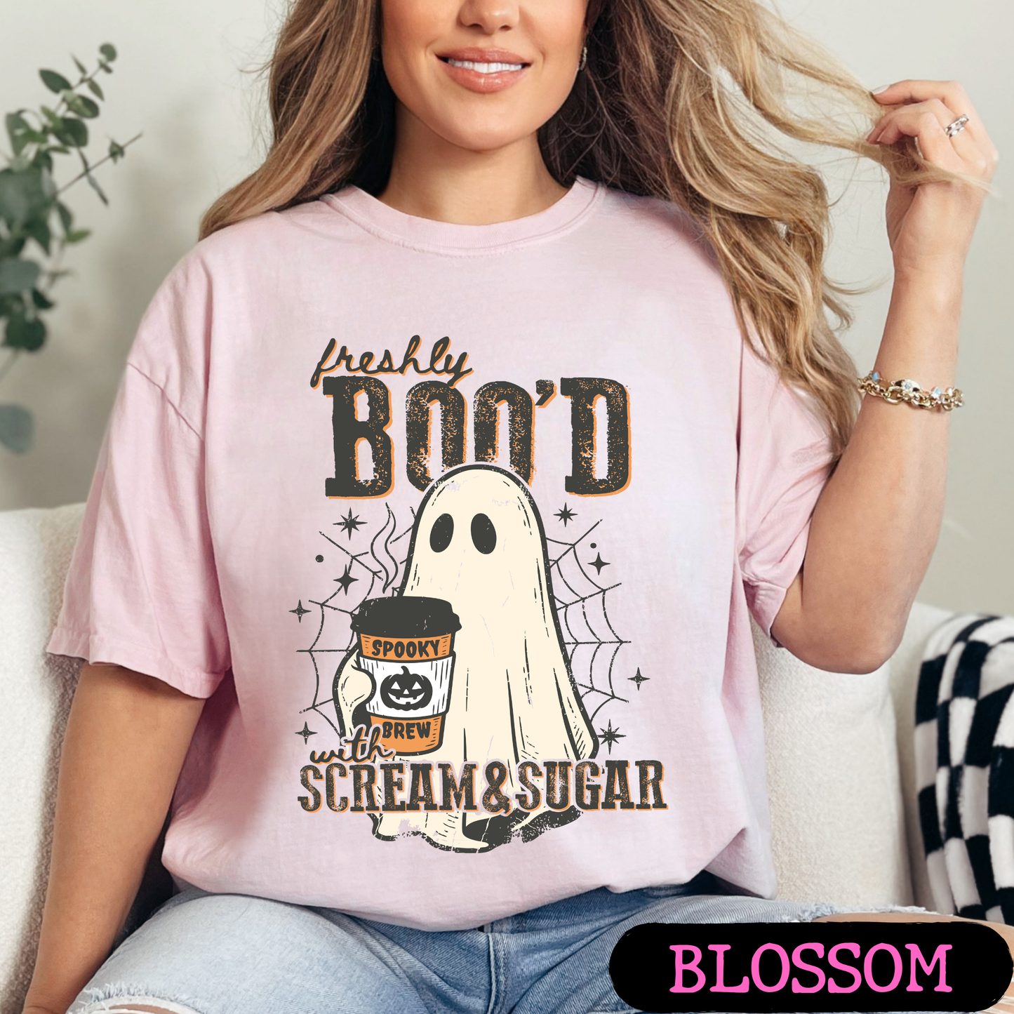 Freshly Boo'd with Scream & Sugar Ghost Halloween Coffee Shirt | Cute Fall Graphic Tee | Comfort Colors Halloween Tee