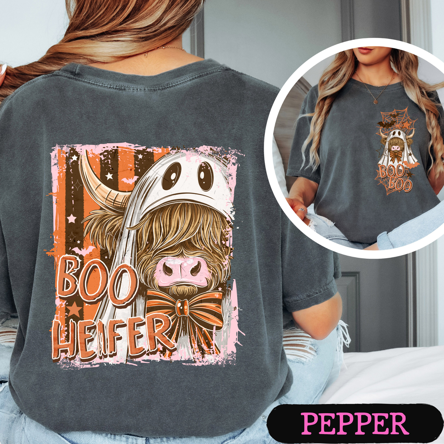 Boo Heifer Highland Cow Halloween Comfort Colors Shirt | Funny Ghost Cow Tee | Cute Spooky Fall Graphic Tee | Front & Back Print