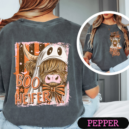 Boo Heifer Highland Cow Halloween Comfort Colors Shirt | Funny Ghost Cow Tee | Cute Spooky Fall Graphic Tee | Front & Back Print