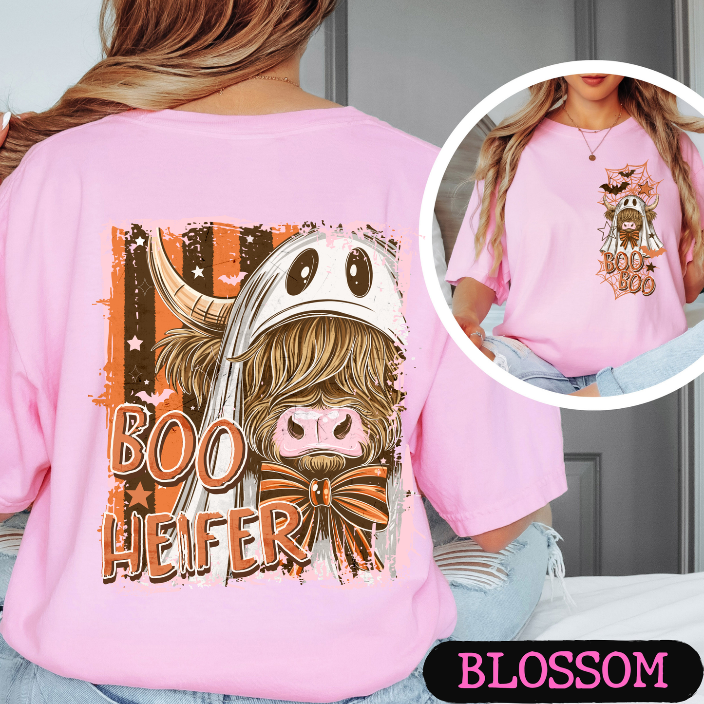 Boo Heifer Highland Cow Halloween Comfort Colors Shirt | Funny Ghost Cow Tee | Cute Spooky Fall Graphic Tee | Front & Back Print