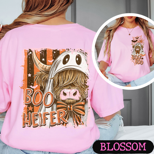 Boo Heifer Highland Cow Halloween Comfort Colors Shirt | Funny Ghost Cow Tee | Cute Spooky Fall Graphic Tee | Front & Back Print