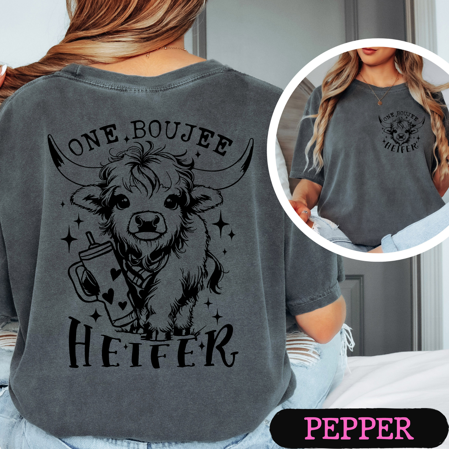 One Boujee Heifer Comfort Colors Graphic Tee | Funny Highland Cow Shirt | Cute Western Cowgirl T-Shirt | Coffee Lover Gift