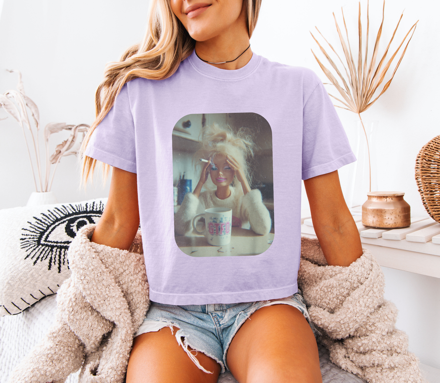 Barbie Burnout Crop Tee – Funny GTFO Coffee Doll Graphic Shirt | Comfort Colors 3023 Oversized Cropped T-Shirt