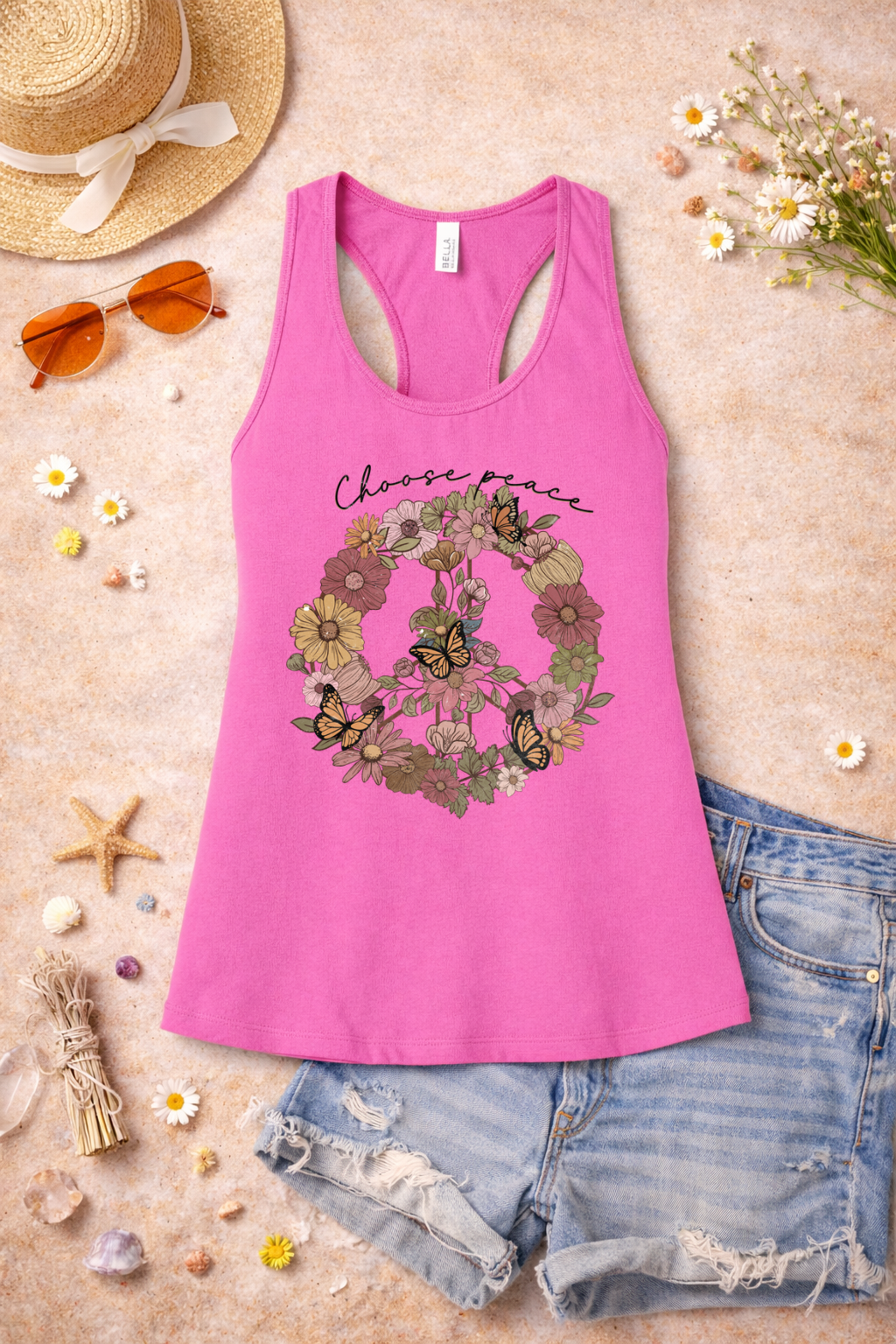 Choose Peace Tank | Floral Peace Sign Butterfly Graphic | Boho Inspirational Summer Top