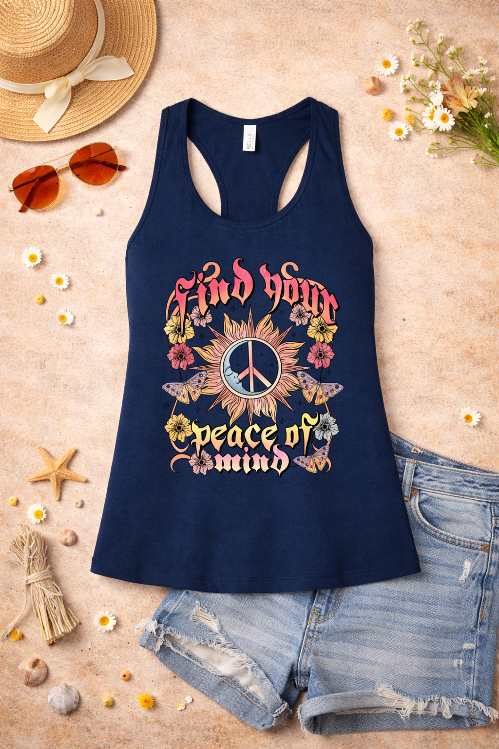 Find Your Peace of Mind Boho Graphic Racerback Tank | Retro Hippie Sun & Floral Tank Top | Summer Spiritual Vibes Shirt