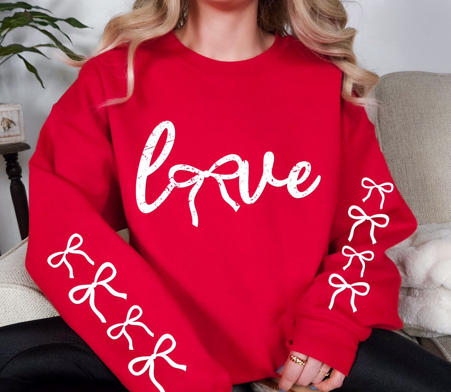 LOVE Bow Sweatshirt | Valentine Aesthetic Pullover with Bow Sleeve Detail