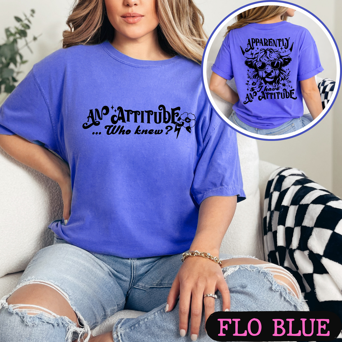 Apparently I Have An Attitude Highland Cow Comfort Colors Graphic T-Shirt | Funny Cow Tee | Front & Back Print