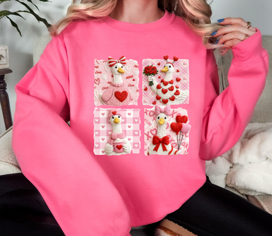 Valentine Goose Sweatshirt | Cute Pink Love Goose Patchwork Crewneck | Cozy Valentine Graphic Shirt | Galentine Gift