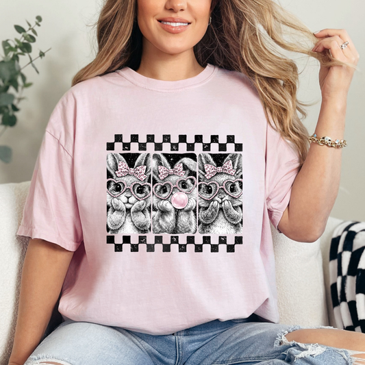 Cute Bunny Easter Shirt – Pink Bow Bunny Graphic Tee | Bubble Gum Bunny Shirt | Spring Easter T-Shirt for Women | Cute Rabbit Shirt