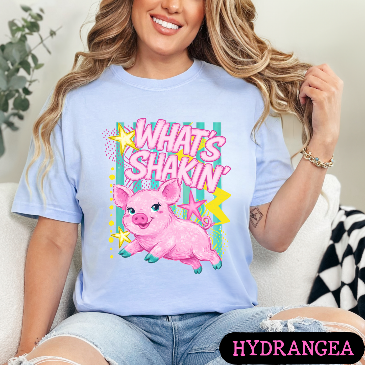 What's Shakin' Bacon Pig Graphic T-Shirt | Funny Farm Animal Shirt | Cute Retro Country Tee