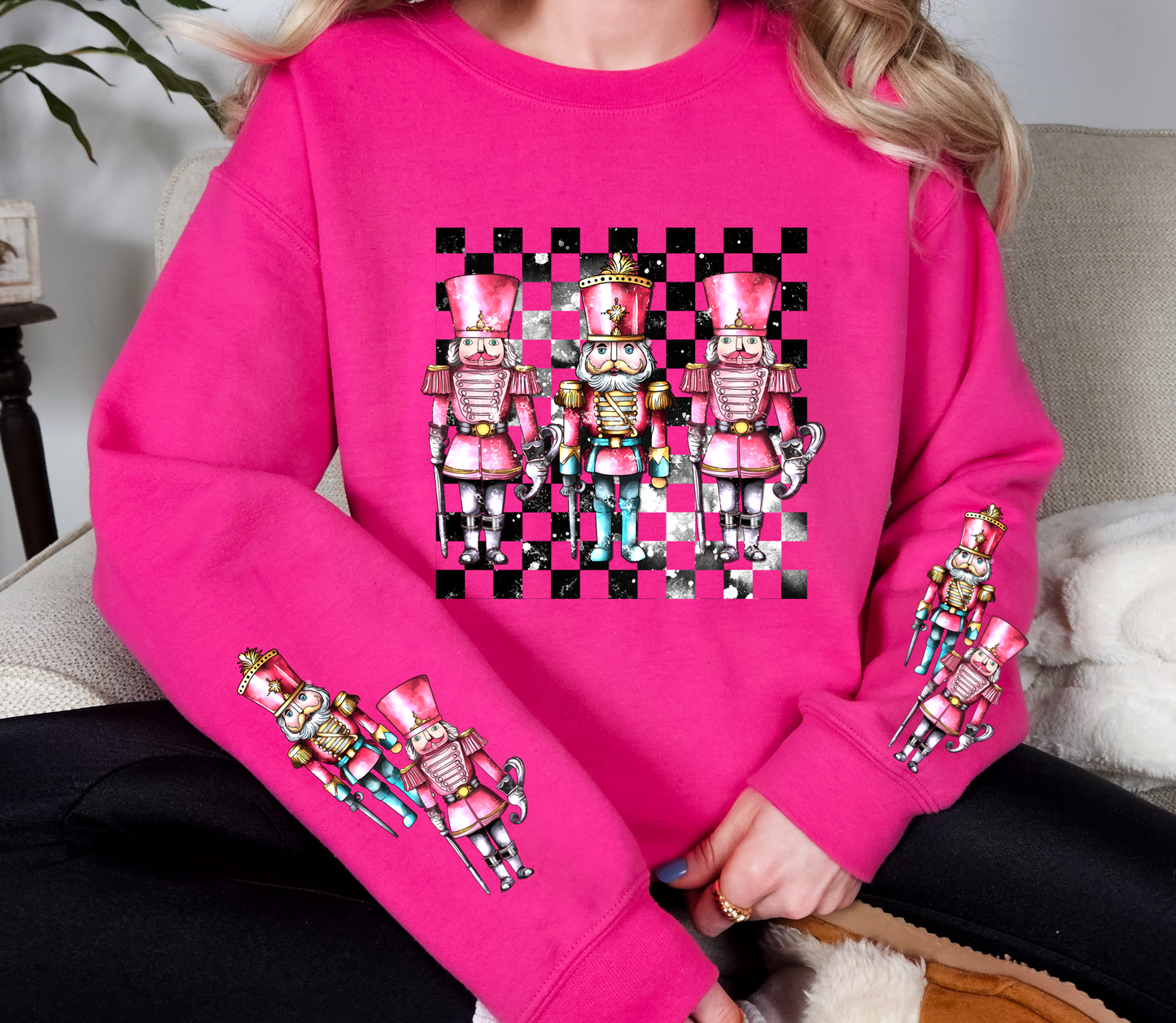 Pink Nutcracker Christmas Sweatshirt | Checkerboard Retro Nutcracker Crewneck | Holiday Sleeve Print Sweater