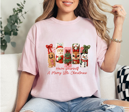 Have Yourself a Merry Little Christmas Tee | Cozy Faux Knit Character Holiday Shirt | Cute Gingerbread, Santa, Reindeer & Snowman
