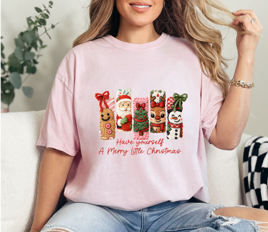 Have Yourself a Merry Little Christmas Tee | Cozy Faux Knit Character Holiday Shirt | Cute Gingerbread, Santa, Reindeer & Snowman