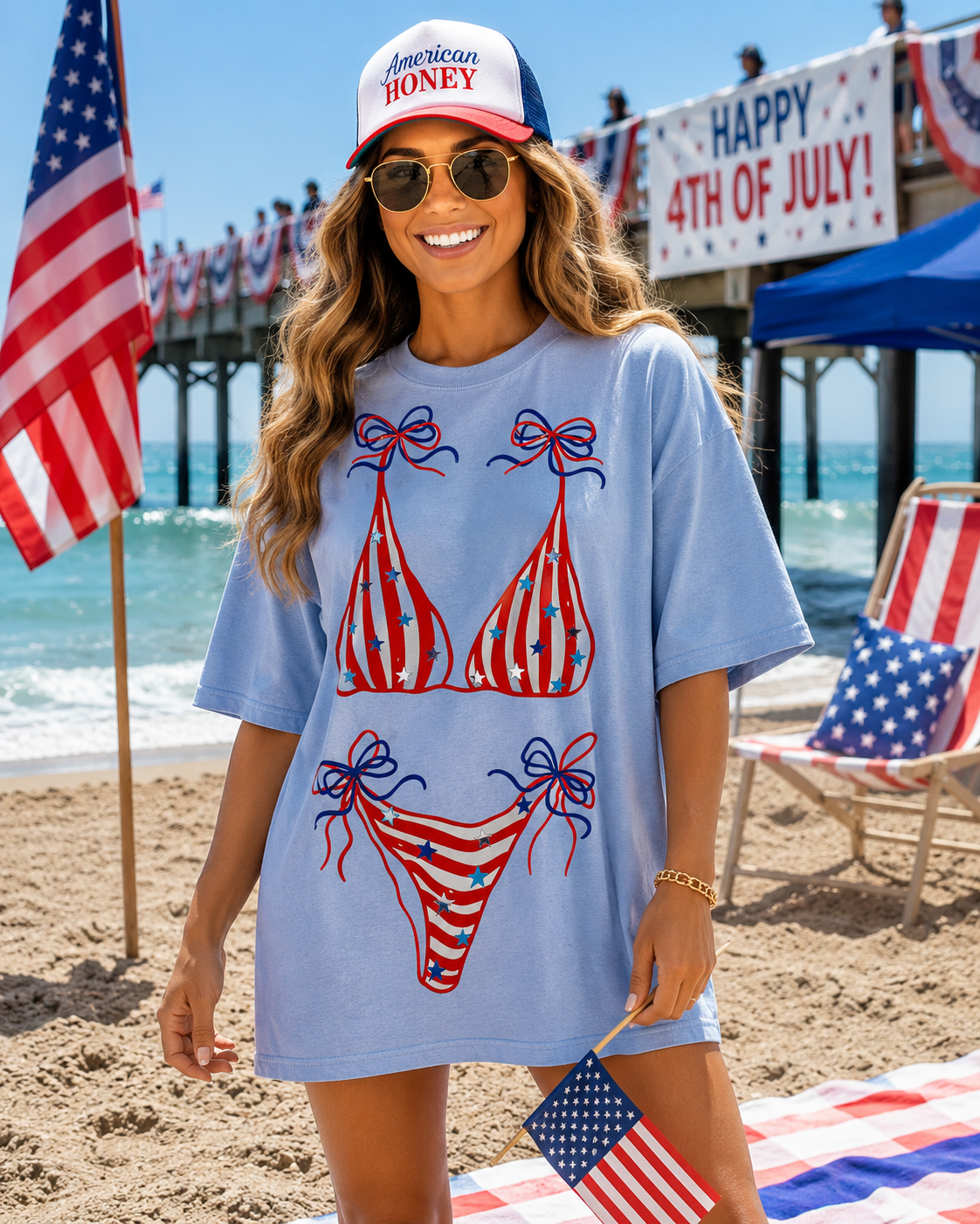 American Honey Patriotic Bikini Bow Oversized Tee & Trucker Hat Set | 4th of July Graphic Shirt