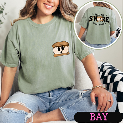 Tell Me S'More Spooky Stories Comfort Colors Halloween Ghost Campfire Shirt | Cute Fall Graphic Tee | Funny Autumn Camping Shirt | Pocket & Back Print