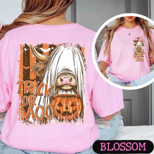 Trick or Moo Highland Cow Halloween Shirt | Boo Boo Front & Back Graphic Tee