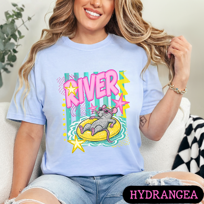 River Rat Retro Summer Graphic Tee | Cute Pool Float Mouse Shirt | Bright Neon Comfort Colors T-Shirt