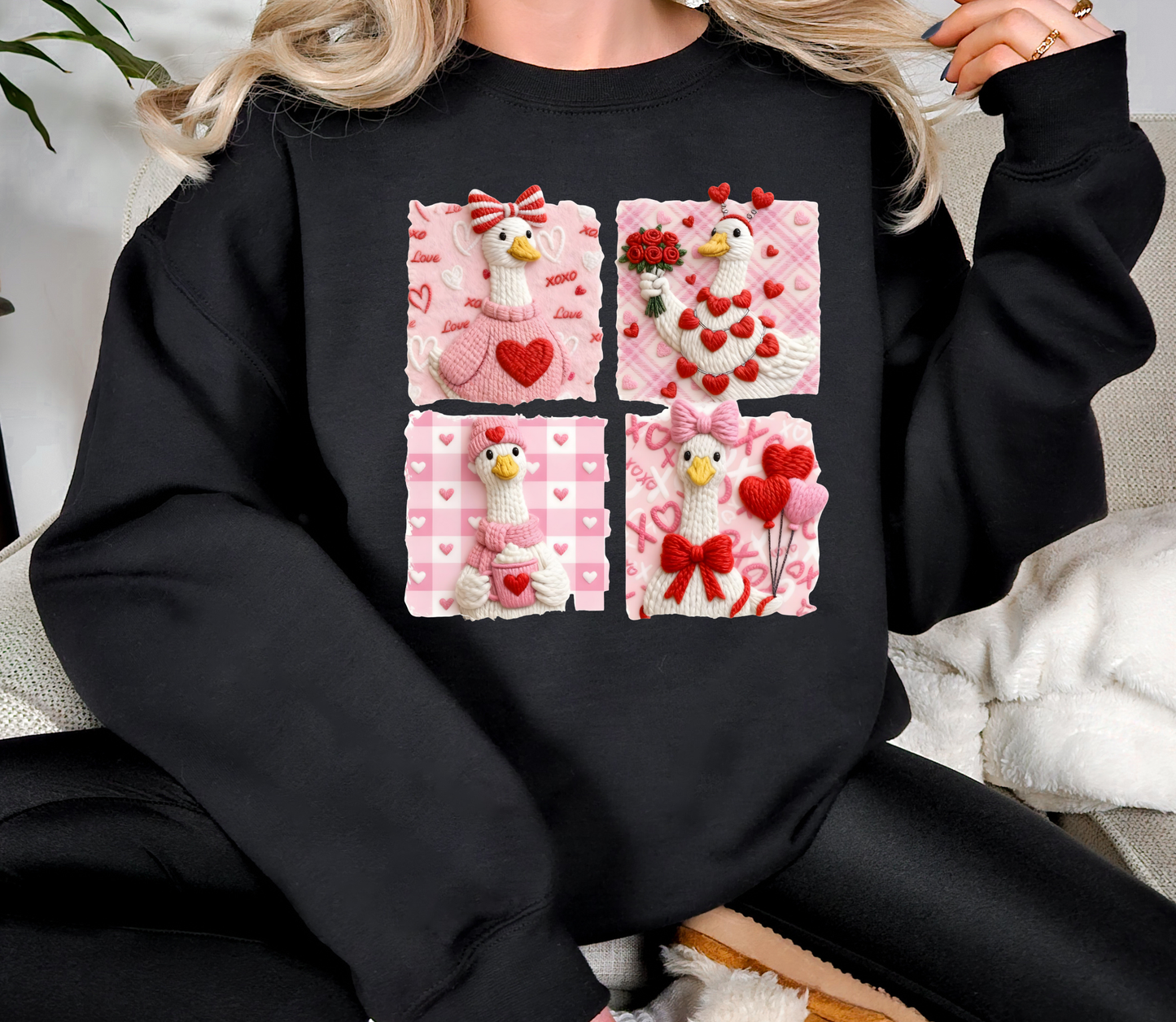 Valentine Goose Sweatshirt | Cute Pink Love Goose Patchwork Crewneck | Cozy Valentine Graphic Shirt | Galentine Gift
