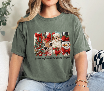 Christmas Embroidered Characters Tee “Most Wonderful Time of the Year” | Faux Yarn Merry Christmas Tshirt | Yarn Christmas Tree Tshirt | Realistic Yarn Tshirt