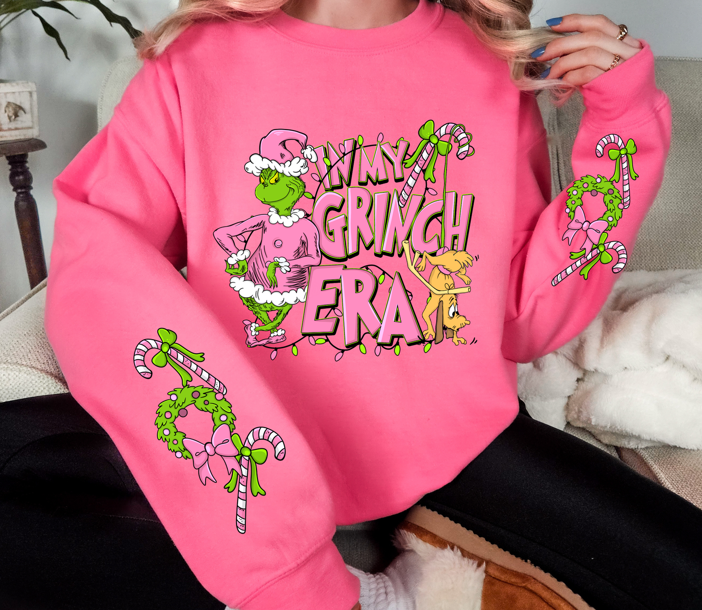 In My Green One Era Christmas Sweatshirt | Pink Green Guy Crewneck with Sleeve Design | Holiday Graphic Sweater