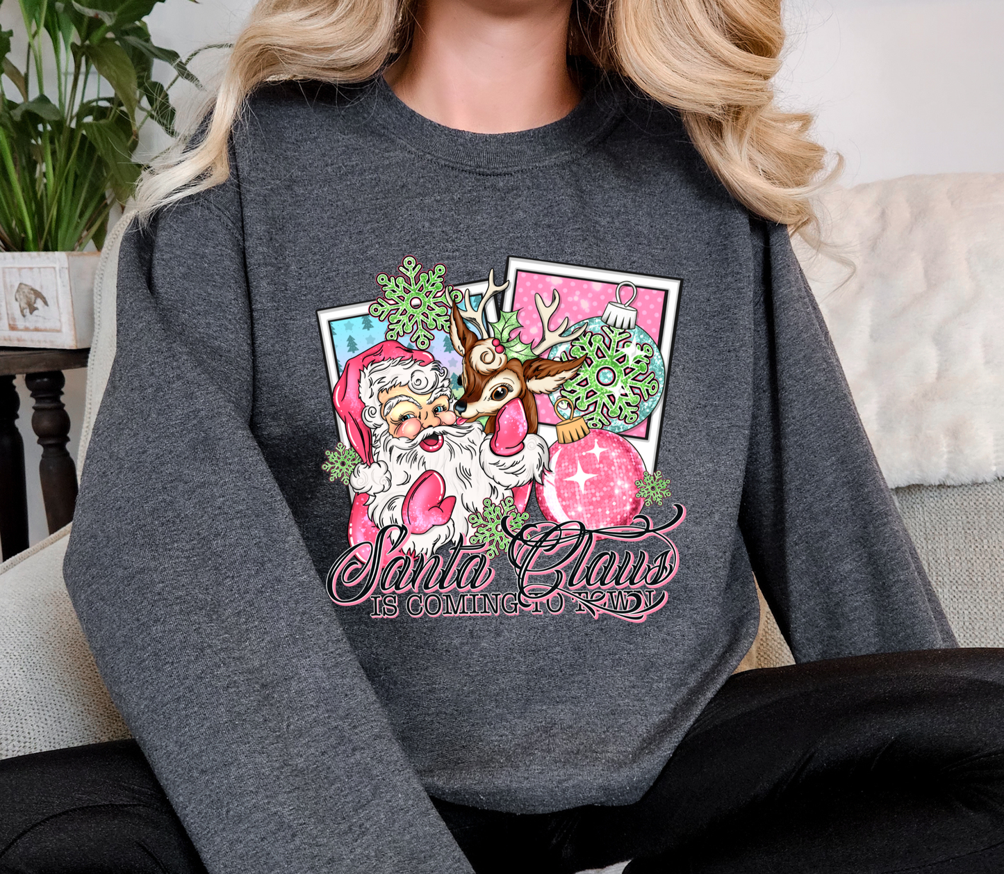 Retro Pink Santa & Reindeer Christmas Sweatshirt | Santa Claus Is Coming To Town | Vintage Holiday Crewneck