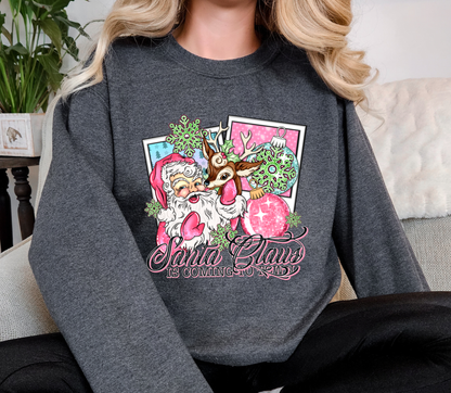 Retro Pink Santa & Reindeer Christmas Sweatshirt | Santa Claus Is Coming To Town | Vintage Holiday Crewneck