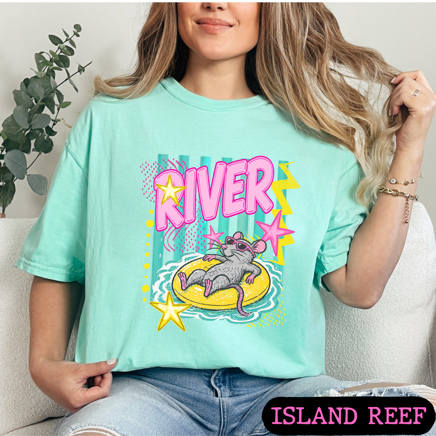 River Rat Retro Summer Graphic Tee | Cute Pool Float Mouse Shirt | Bright Neon Comfort Colors T-Shirt