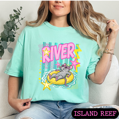 River Rat Retro Summer Graphic Tee | Cute Pool Float Mouse Shirt | Bright Neon Comfort Colors T-Shirt