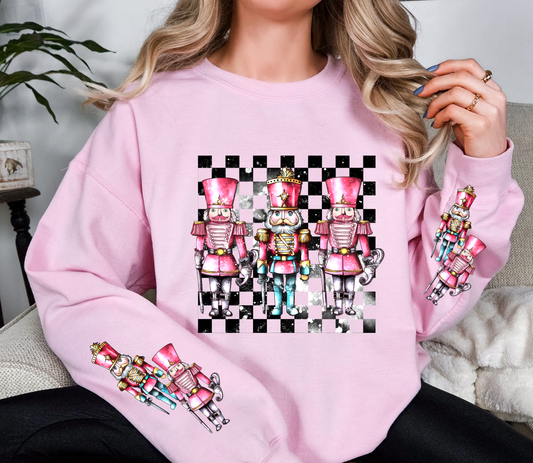 Pink Nutcracker Christmas Sweatshirt | Checkerboard Retro Nutcracker Crewneck | Holiday Sleeve Print Sweater