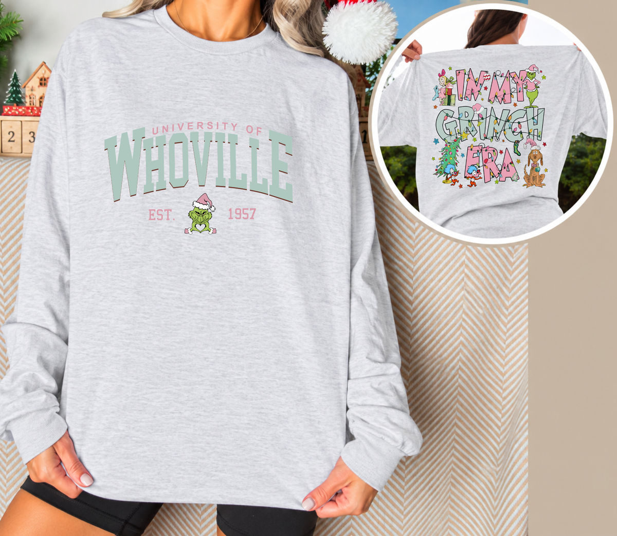 Whoville University Long Sleeve | Pink In My Grinch Era | Christmas Shirt