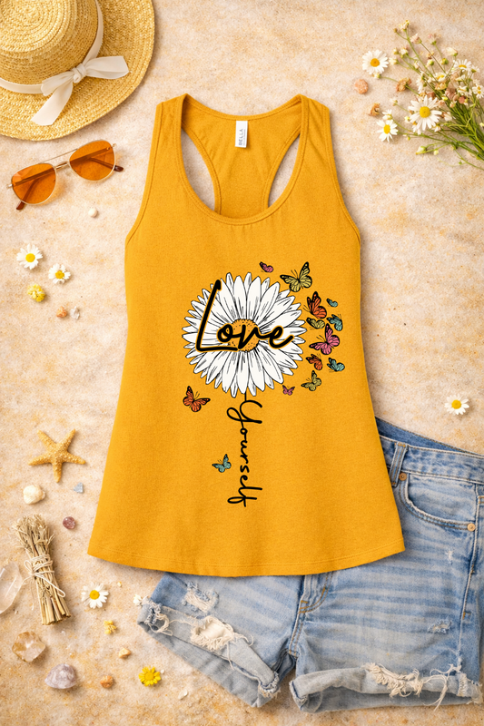 Love Yourself Daisy Butterfly Racerback Tank | Inspirational Graphic Tank Top | Summer Floral Shirt | Positive Vibes Apparel