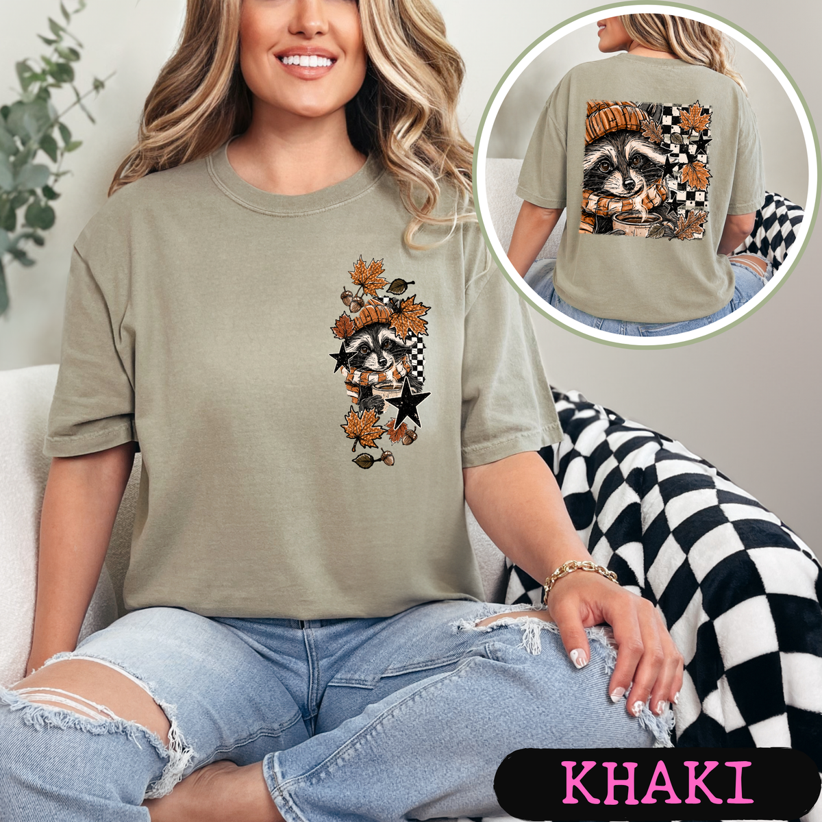 Cozy Fall Raccoon Comfort Colors T-Shirt | Front & Back Autumn Graphic Tee