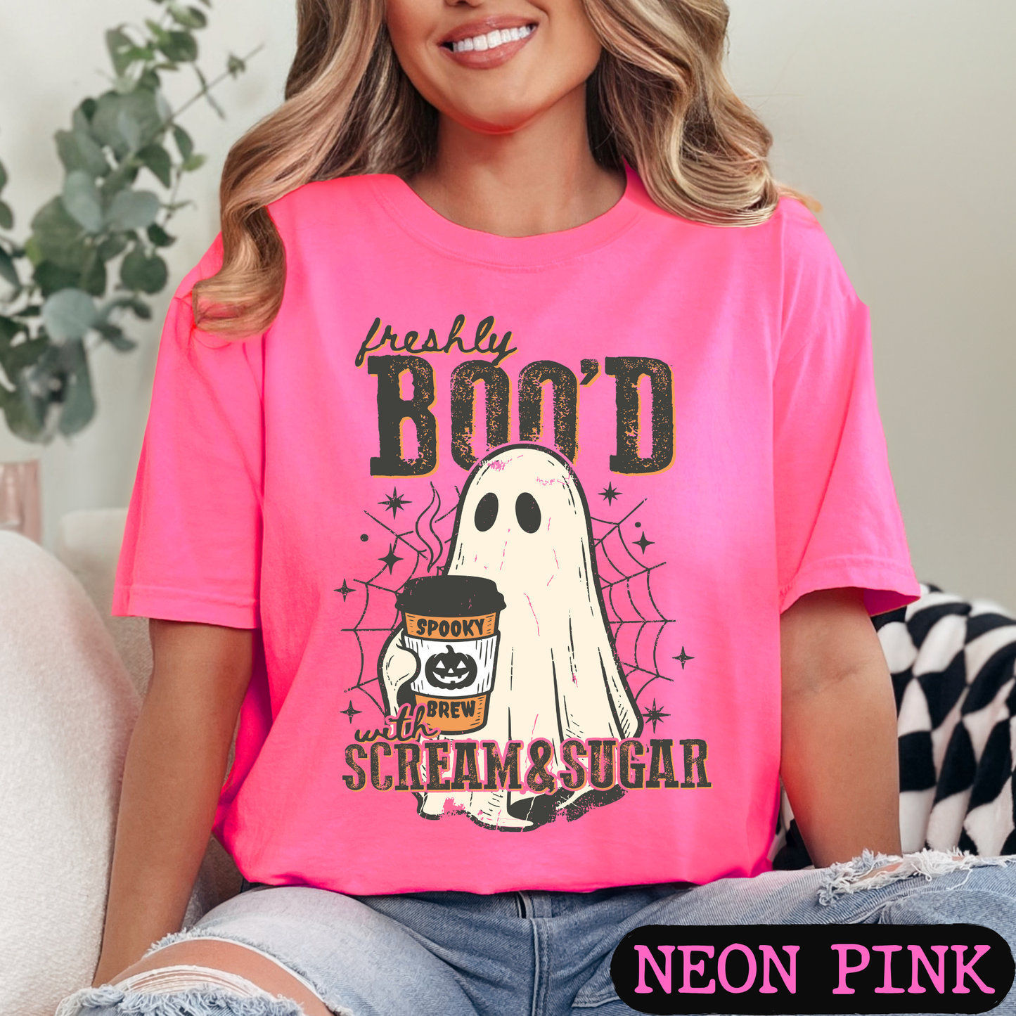 Freshly Boo'd with Scream & Sugar Ghost Halloween Coffee Shirt | Cute Fall Graphic Tee | Comfort Colors Halloween Tee