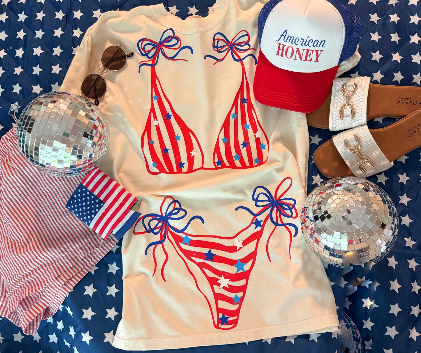 American Honey Patriotic Bikini Bow Oversized Tee & Trucker Hat Set | 4th of July Graphic Shirt
