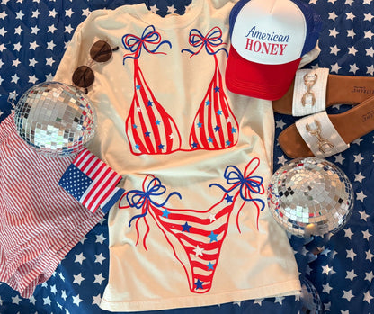 American Honey Patriotic Bikini Bow Oversized Tee & Trucker Hat Set | 4th of July Graphic Shirt