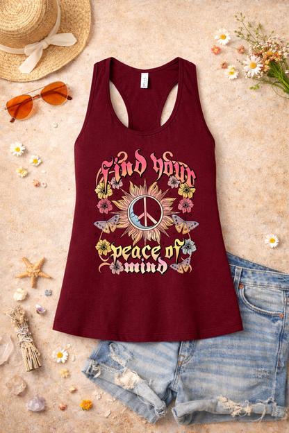 Find Your Peace of Mind Boho Graphic Racerback Tank | Retro Hippie Sun & Floral Tank Top | Summer Spiritual Vibes Shirt