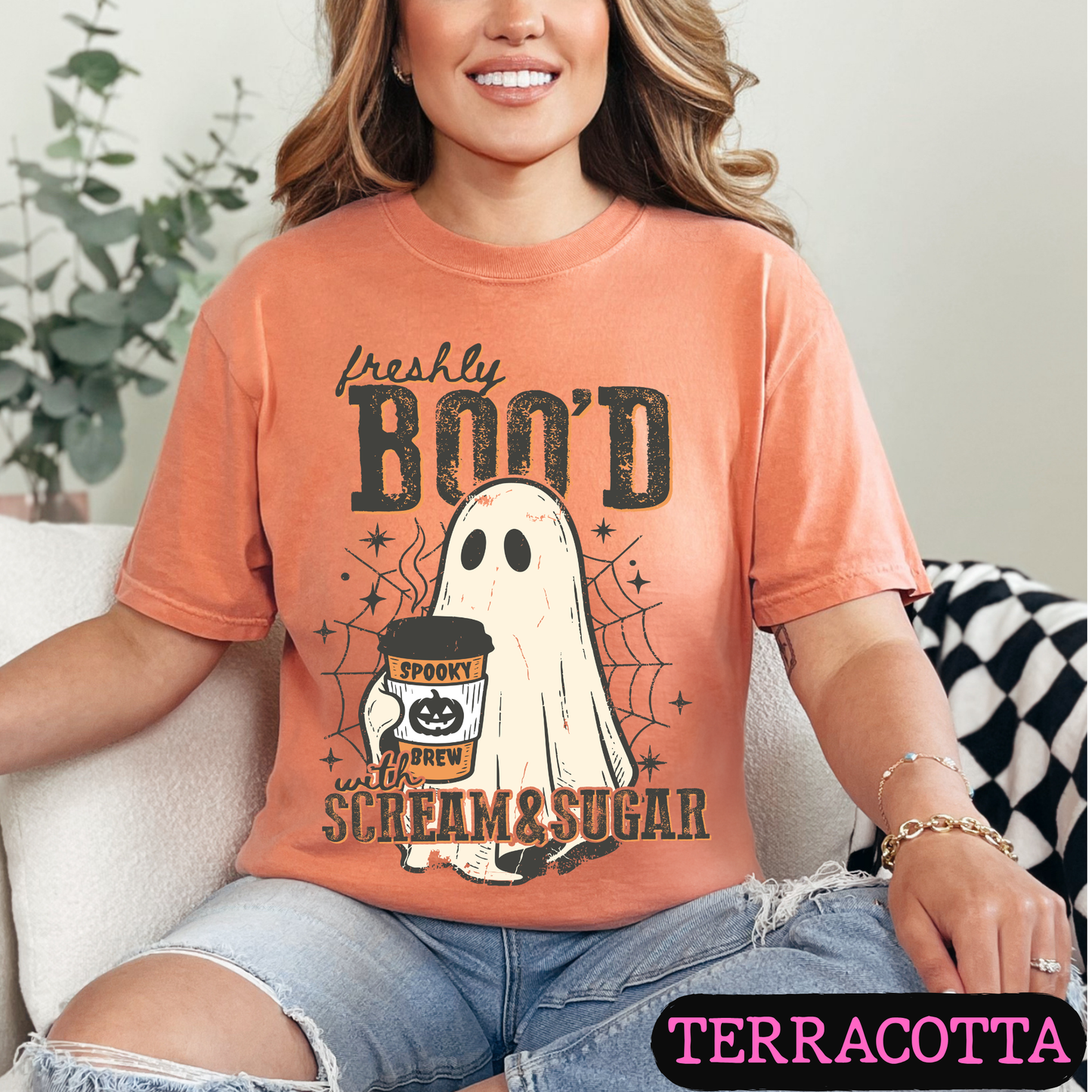 Freshly Boo'd with Scream & Sugar Ghost Halloween Coffee Shirt | Cute Fall Graphic Tee | Comfort Colors Halloween Tee