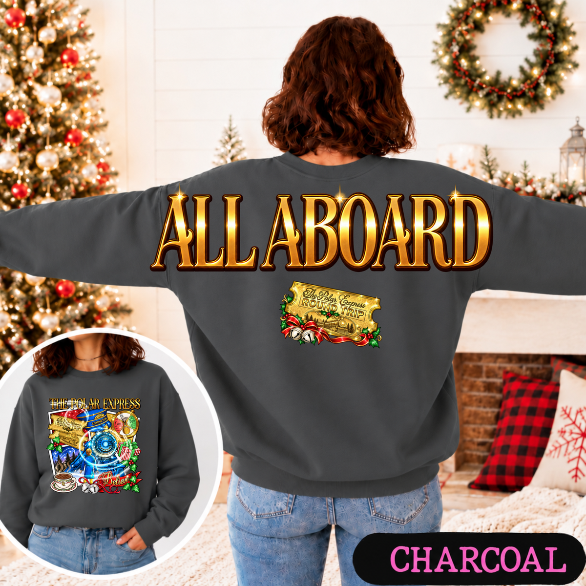 All Aboard Christmas Train Big Back Sweatshirt | Vintage Holiday Graphic
