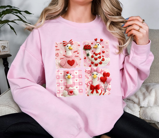 Valentine Goose Sweatshirt | Cute Pink Love Goose Patchwork Crewneck | Cozy Valentine Graphic Shirt | Galentine Gift