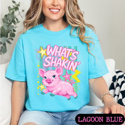 What's Shakin' Bacon Pig Graphic T-Shirt | Funny Farm Animal Shirt | Cute Retro Country Tee