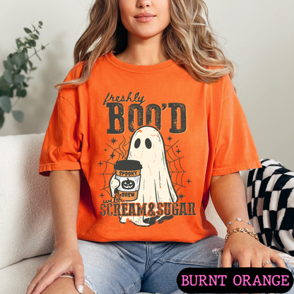 Freshly Boo'd with Scream & Sugar Ghost Halloween Coffee Shirt | Cute Fall Graphic Tee | Comfort Colors Halloween Tee