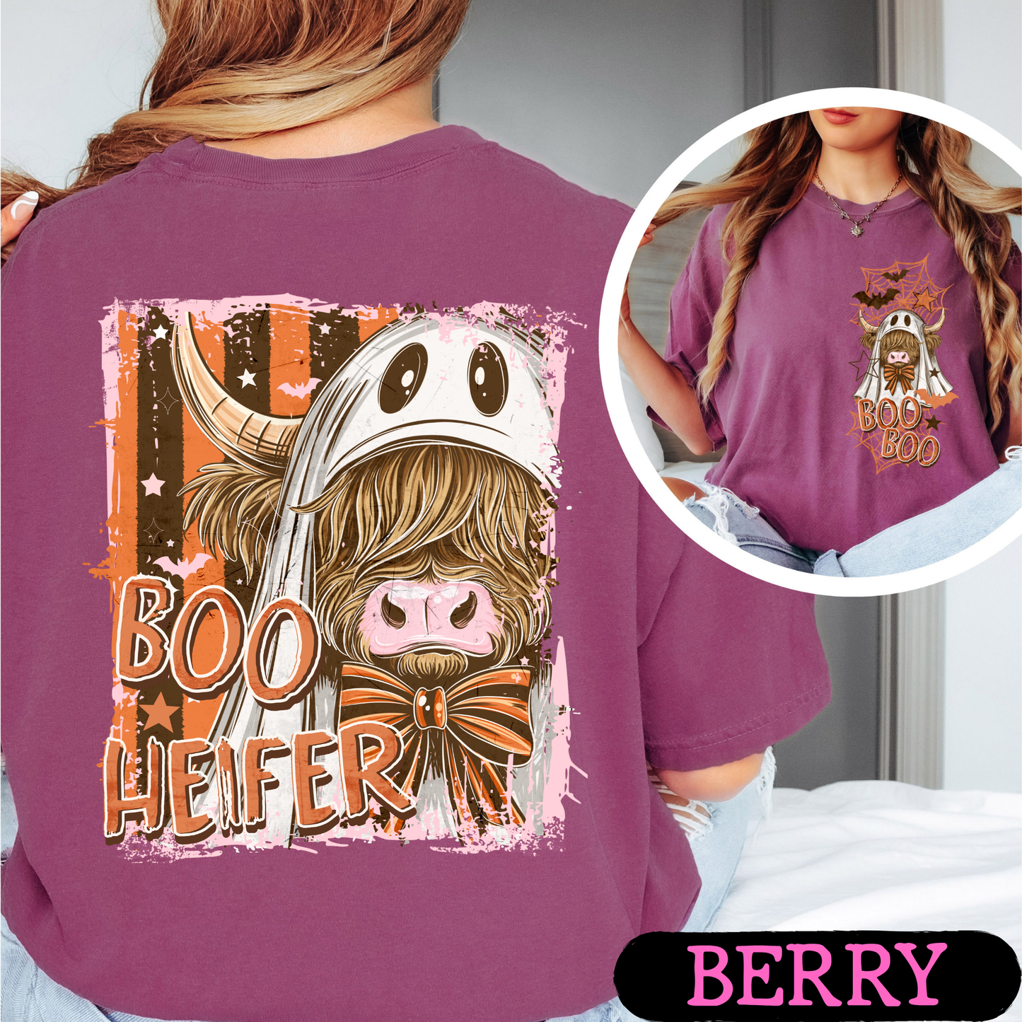 Boo Heifer Highland Cow Halloween Comfort Colors Shirt | Funny Ghost Cow Tee | Cute Spooky Fall Graphic Tee | Front & Back Print
