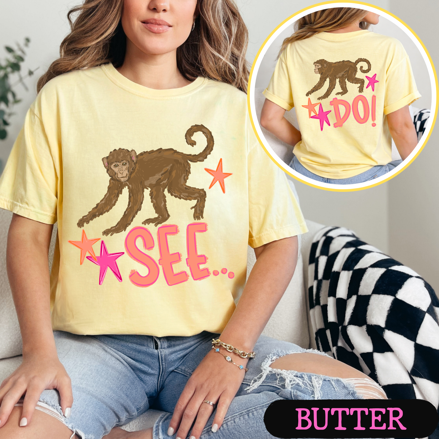 Monkey See Monkey Do Shirt | Funny Front & Back Graphic Tee | Viral Animal Pun Shirt | Comfort Colors Unisex T-Shirt