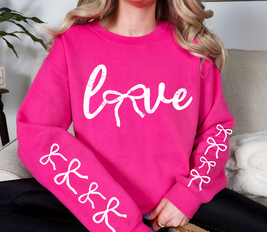 LOVE Bow Sweatshirt | Valentine Aesthetic Pullover with Bow Sleeve Detail