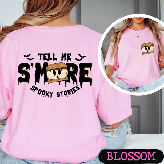 Tell Me S'More Spooky Stories Comfort Colors Halloween Ghost Campfire Shirt | Cute Fall Graphic Tee | Funny Autumn Camping Shirt | Pocket & Back Print