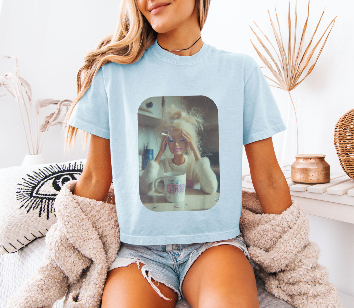 Barbie Burnout Crop Tee – Funny GTFO Coffee Doll Graphic Shirt | Comfort Colors 3023 Oversized Cropped T-Shirt