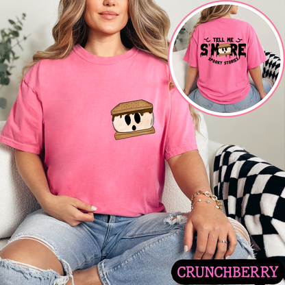 Tell Me S'More Spooky Stories Comfort Colors Halloween Ghost Campfire Shirt | Cute Fall Graphic Tee | Funny Autumn Camping Shirt | Pocket & Back Print