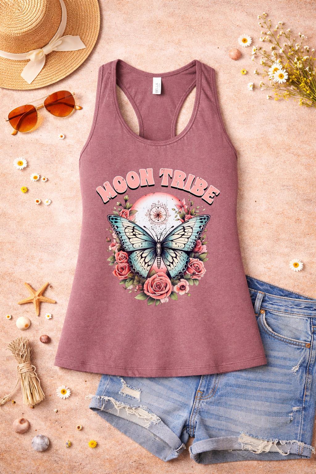 Moon Tribe Tank | Vintage Butterfly & Rose Design | Boho Aesthetic Summer Top