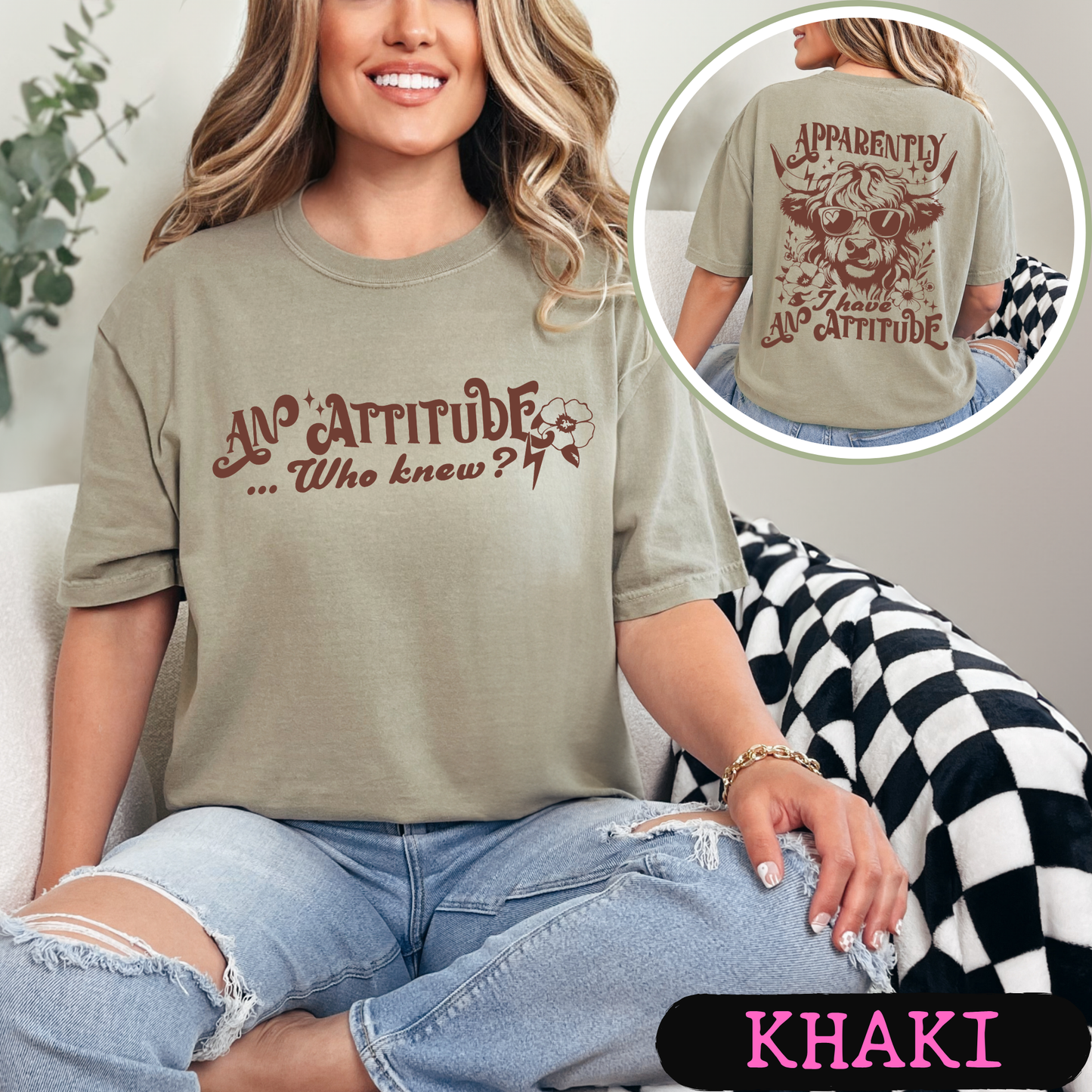 Apparently I Have An Attitude Highland Cow Comfort Colors Graphic T-Shirt | Funny Cow Tee | Front & Back Print