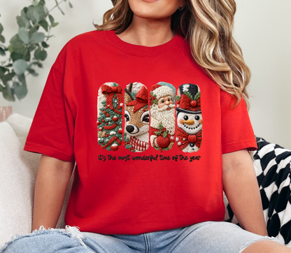 Christmas Embroidered Characters Tee “Most Wonderful Time of the Year” | Faux Yarn Merry Christmas Tshirt | Yarn Christmas Tree Tshirt | Realistic Yarn Tshirt
